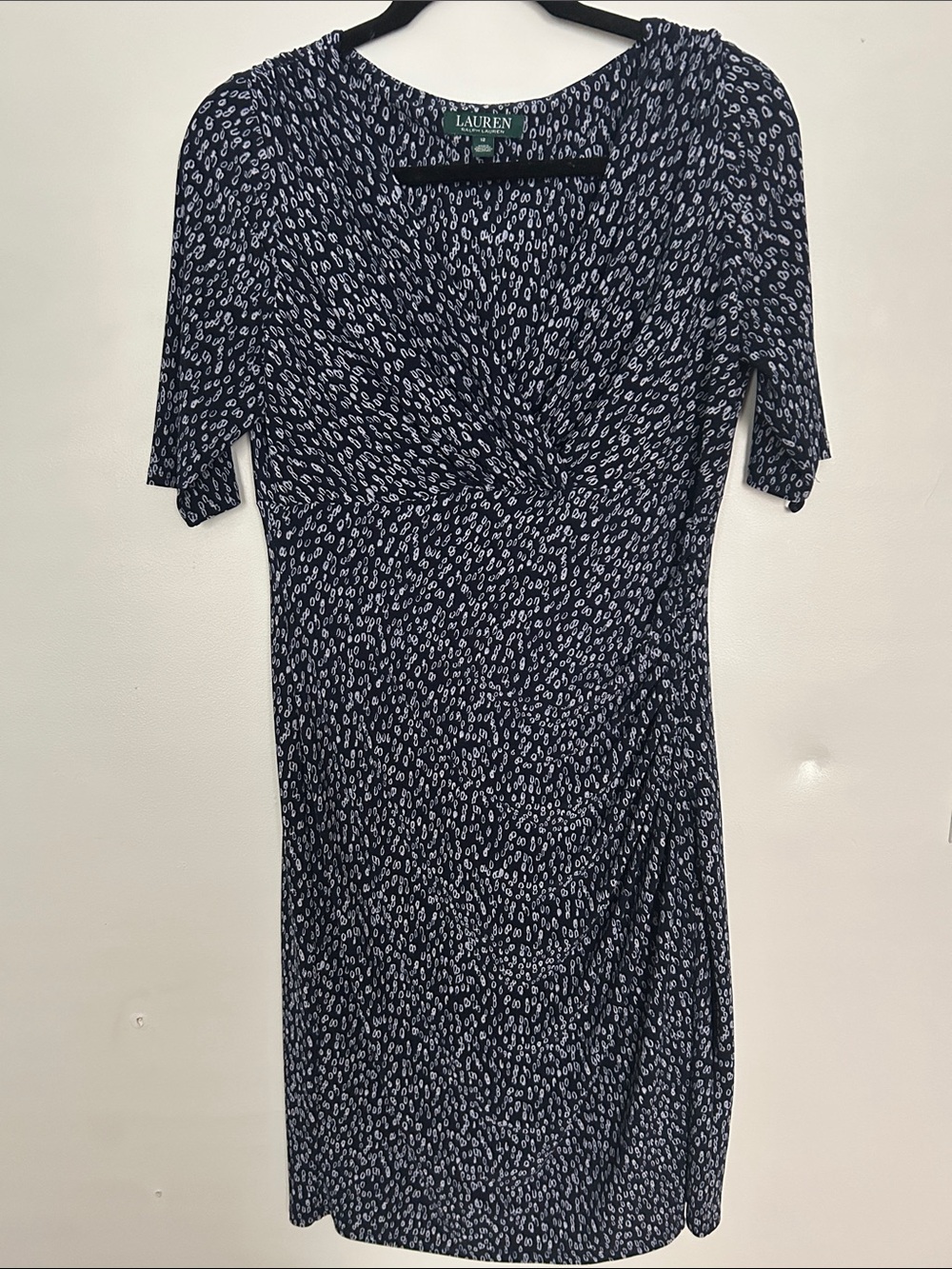 Lauren Ralph Lauren Navy and White Printed Twist-Front Midi Dress